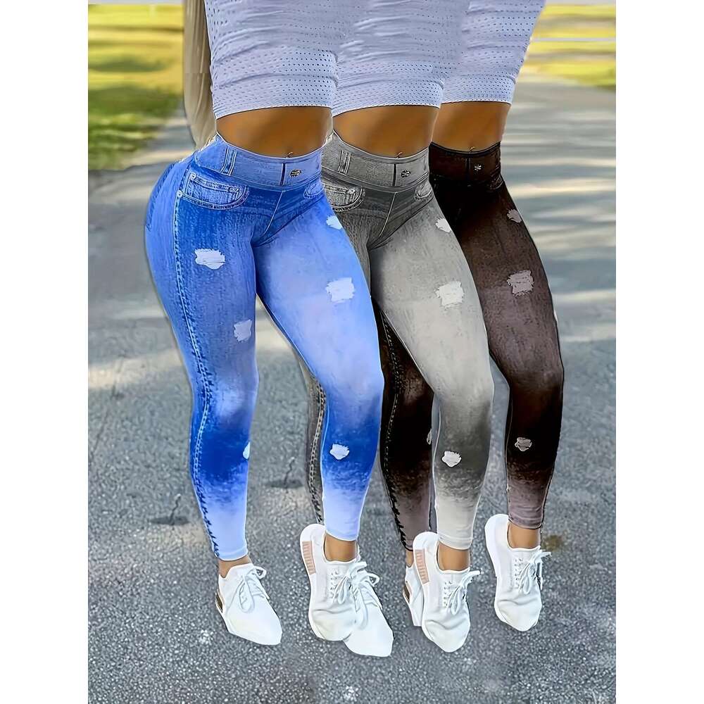 3Pcs Women's High-Stretch Faux Denim Print Leggings - Perfect For Running, Yoga & Workouts