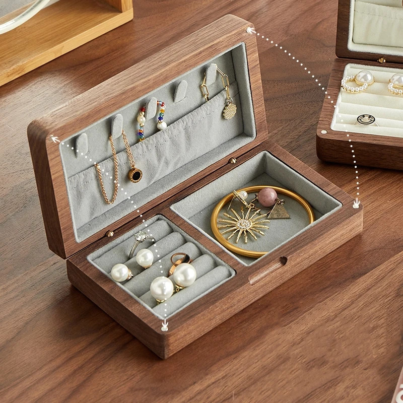 Flannelette Jewelry Box Organiser Portable Storage Luxurious Black Walnut Vintage Necklace Earrings Ring Travel Pure Wood 251013