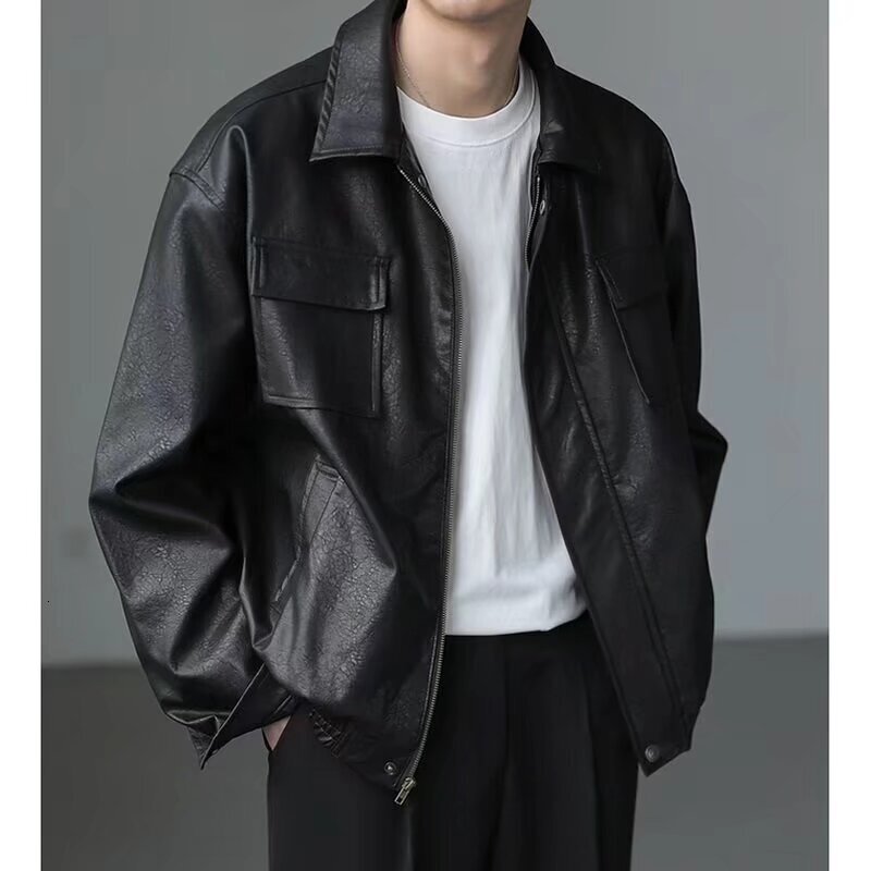 Streetwear Cool Motorcycle Short PU Leather Jacket For Men And Women, Autumn And Winter Warm Designer Jacket Loose Leather Workwear Coat