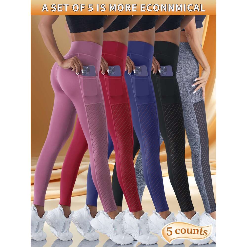 5pcs Yoga Pants With Pocket, Solid Color Stretch Fiess Sports Leggings, Women's Activewear