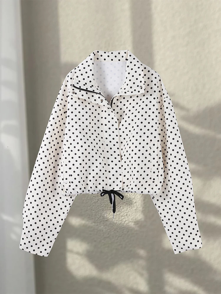 Polka Dot Print Shorts Loose High Neck Long Sleeves Zipper Drawstring Sets Female Autumn Chic Set 251029