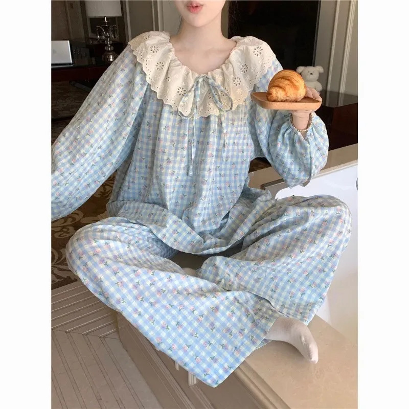 Sweet Large Collar Lace Trim Pajamas for Women with Plaid Long Sleeves and Pants Student Home Wear Size 2 Piece Set 251029