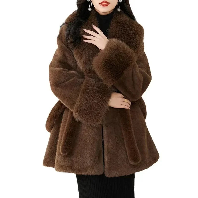 y Vintage Faux Fur Coat Women Collar Long Sleeve with Belt Oversized Jacket Warm Thick Winter Cardigan Ladys Coats 251028