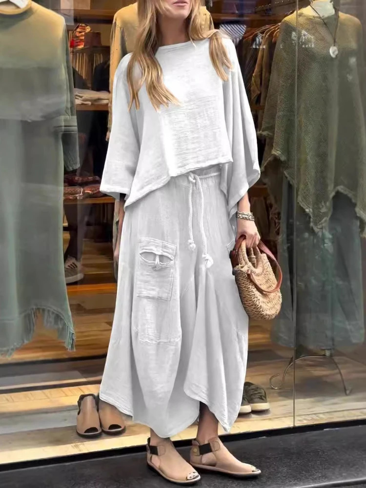 2024 Autumn Fashion Womens Cotton and Linen Loose Skirt Twopiece Set Solid Color Irregular Top Waist Pocket 251016
