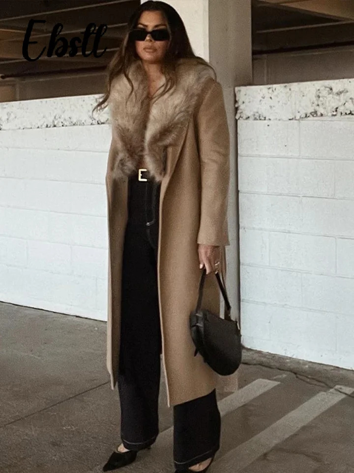 Elegant Fur Lapel Maxi Coats Women Lace Up Full Sleeve Pocket Wool Long Overcoats 2025 Winter Lady Solid High Street Outwear 251029