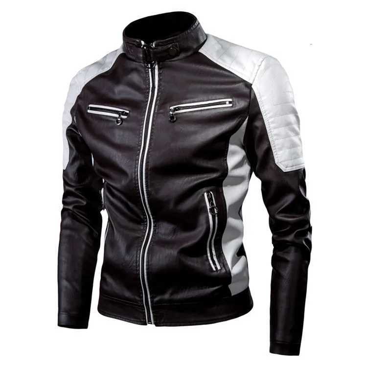 Fall Trendy Color Coats Mens Stand Collar Leather Jacket Block Motor Biker Jacket Classic Jacket Aviator Full Zip OuterwearT251029