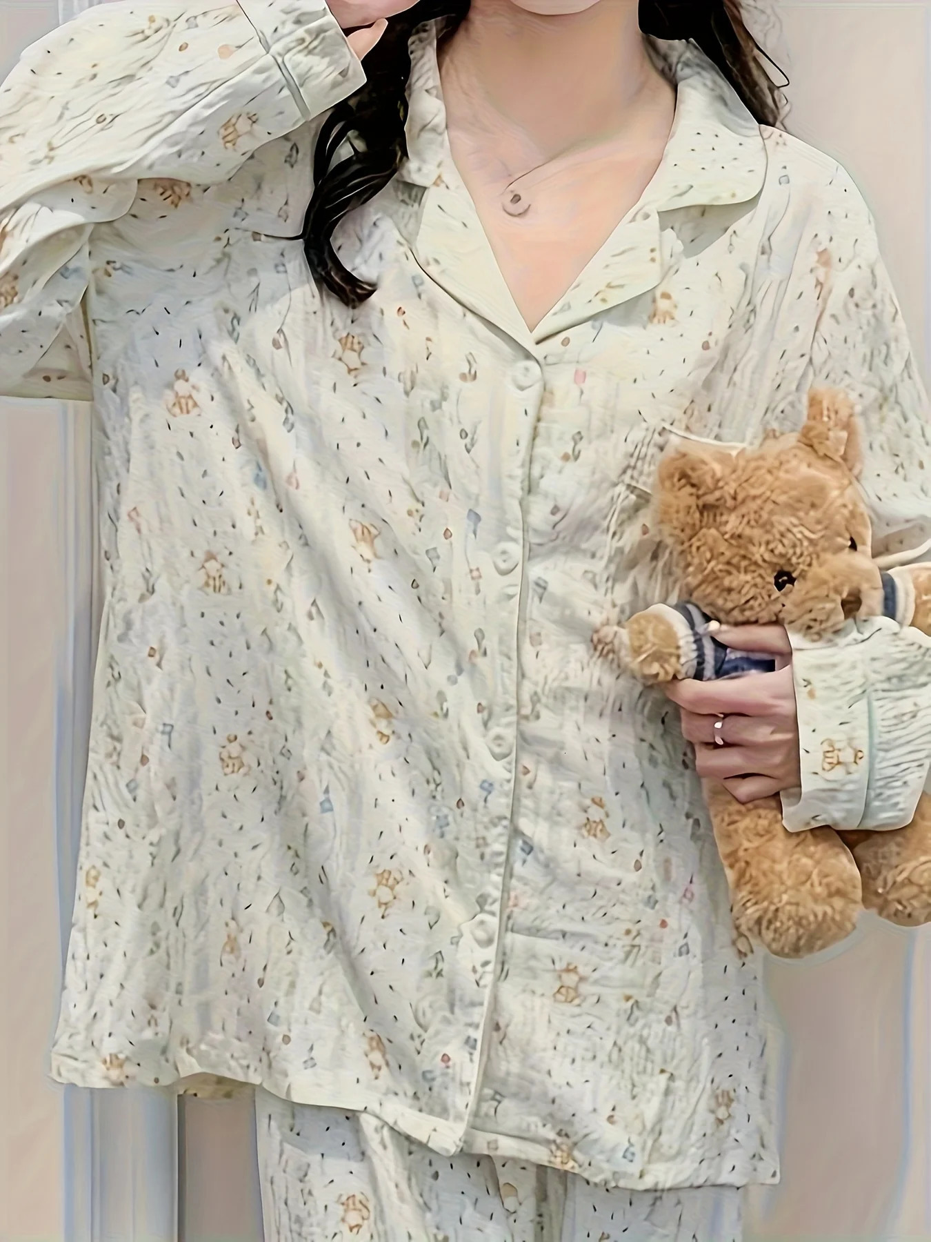 Womens AutumnWinter LongSleeve Pajama Set Light Green Floral Pajamas with Lovely Cartoon Patterns Gentle Simple Casu 251029