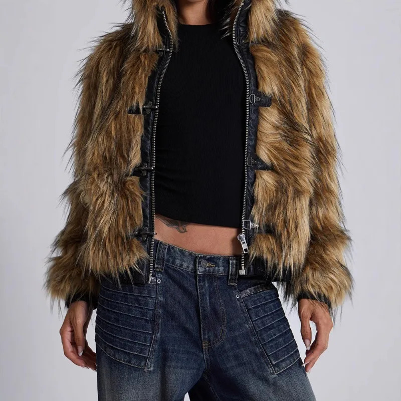 Winter High Street Leather Shaggy Fur Patchwork Short Warm Thick Coat Hooded Fluffy Faux Fur Jacket Women Coats 251029