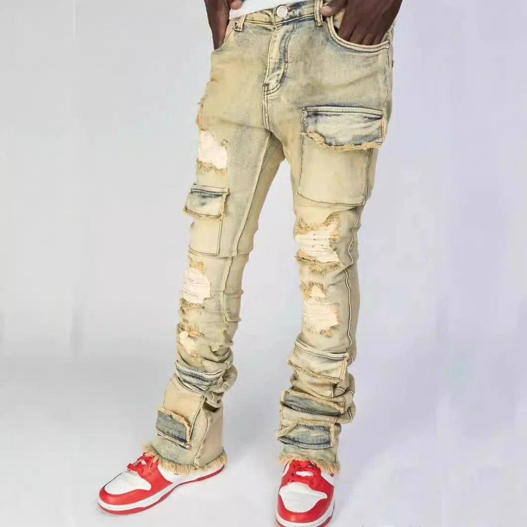Men Jeans Long Pant Denim Flare Pants Hole Straight Trousers Slim Fit High Waist Casual Button Pocket Splice Autumn Winter 251029