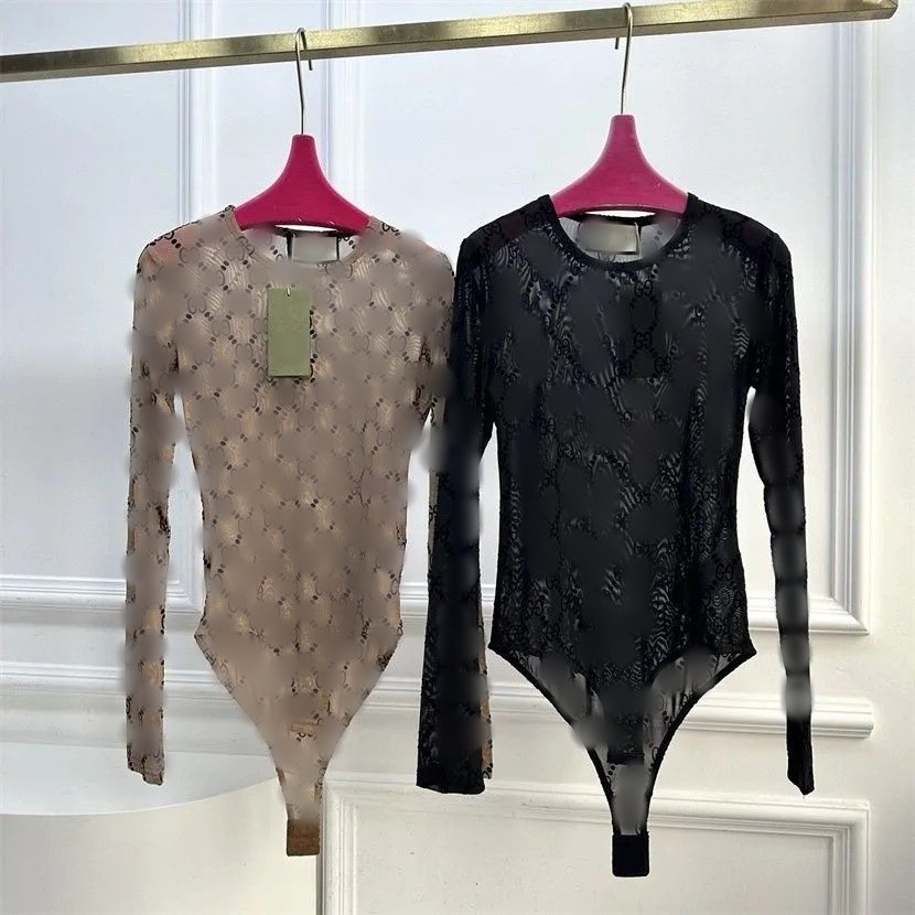 Women o-neck long sleeve logo letter embroidery gauze fabric perspective designer t-shirts jumpsuit rompers SMLXL