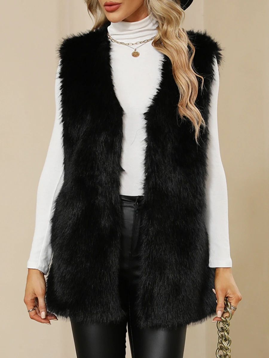 Ladies Winter Sleeveless Vest ButtonUp Faux Fur Jacket with Solid Color for Warmth and Style 251029