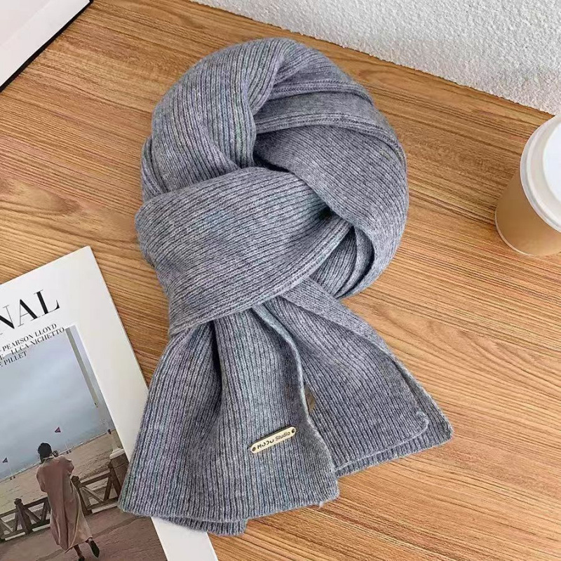 Scarf female winter new wool knit solid color small scarf tide thick warm all match long neck 2025