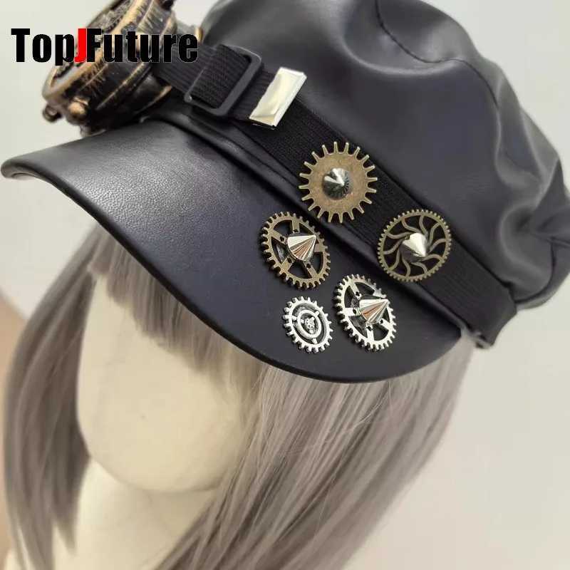 Steampunk Lolita Handmade Gear Monocular Protective Mirror Newspaper Hat Dark Gothic Rivet Duckbill cap Women Men Leather cap