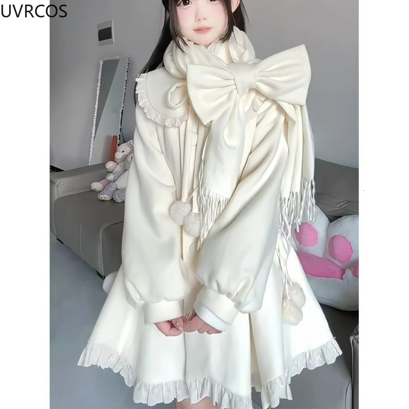 Japanese Kawaii Cute Woolen Coat Women Sweet Ruffles Peter Pan Collar Slim Cotton Bow Scarf Jacket Female Winter Parkas Coats 251029