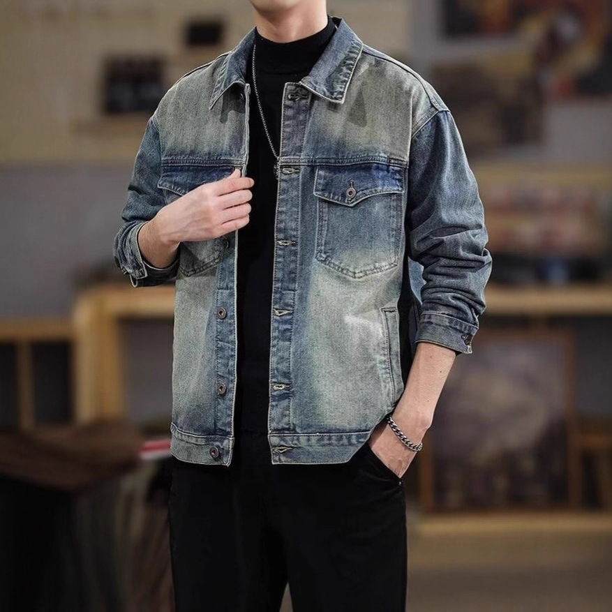 American Style Spring Autumn Trendy Brand Denim Jacket For Men High Street Style Cool Loose Casual Designer Jacket Workwear Denim Jacket