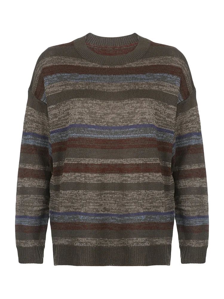 Women Sweater Vintage Long Sleeve Crew Neck Striped Knit Pullovers Tops Jumpers for Casual Daily Fall Winter 251016