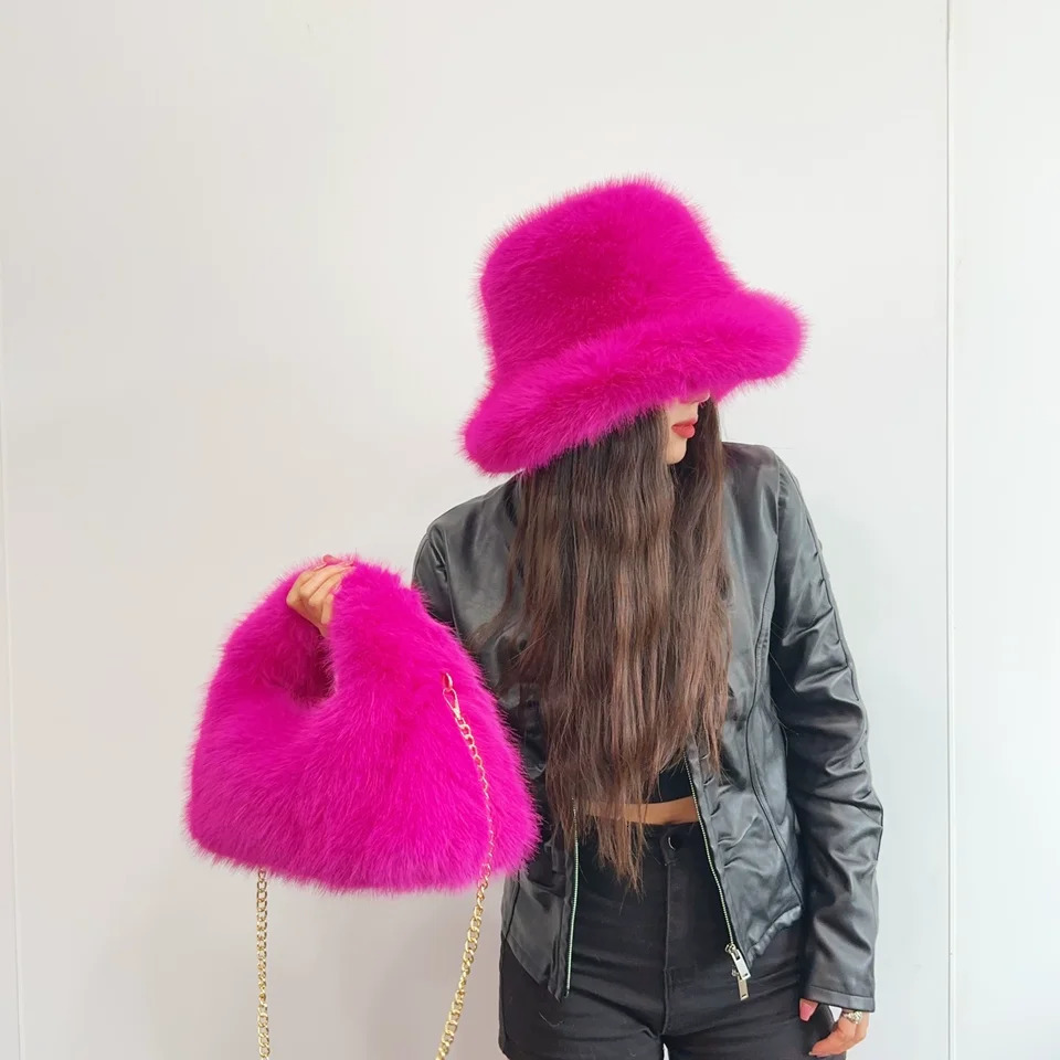 Y2K Autumn and Winter Womens Hats Bags Faux Fur Bucket Hat Cow Printed Plush Warm Holiday 251013