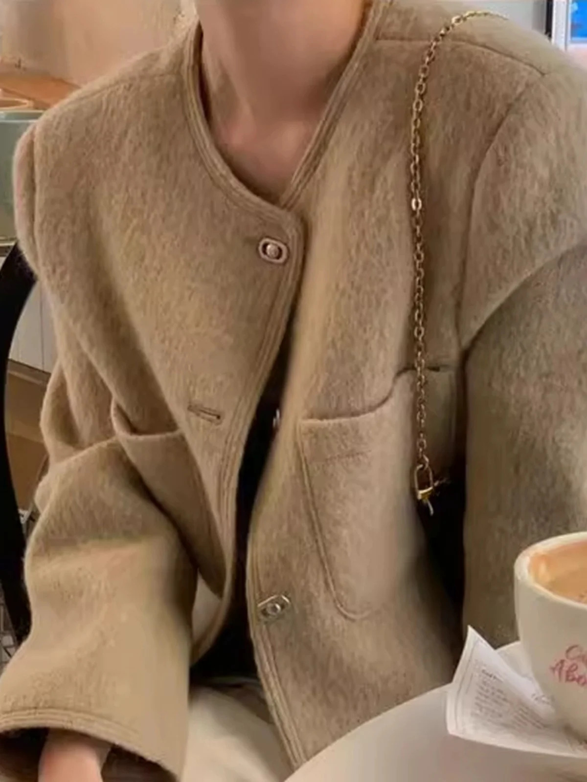 Faionable ort Woolen Coat Womens round Ne Sensation Ele Feel Autumn Winter Sle Korean Version Slim Fit 251029