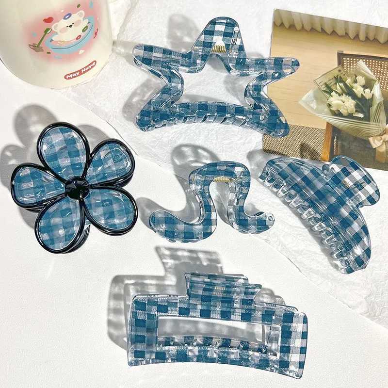 Deep Blue Crystal Textured Plaid Spliced Flower Hair Clip Vintage WomenS Bun Hair Quality Shark Clip Hair AccessoryW251028