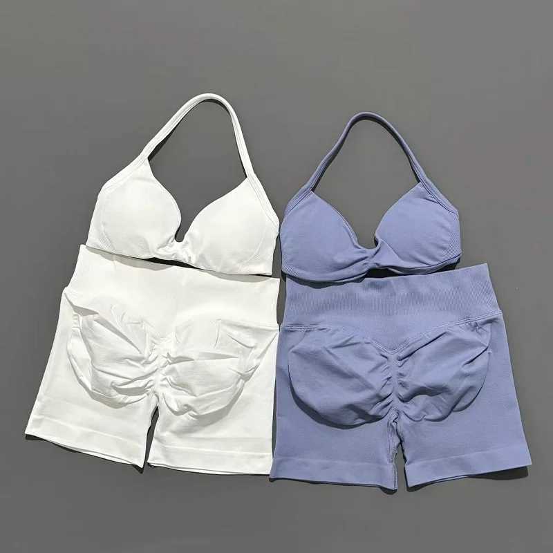 2 Pieces Yoga Gym Set Women Seamless Strappy Yoga Bra High Waist Workout Scrunch Shorts Sports Set Fitness Clothes SportswearXJ251029