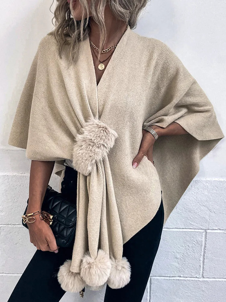 Womens Hairball Patchwork Solid Color Shawl Cardigan Autumn Winter Poncho Batwing Sleeve Sweater Cape Coats 251029