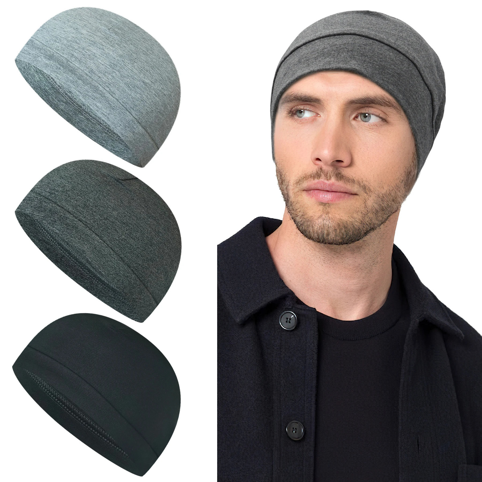 3Pack Unisex Skull Caps Cotton or 75 Nylon25 Spandex Beanies SweatWicking Lightweight for Running Cycling Sleep Mult 251029