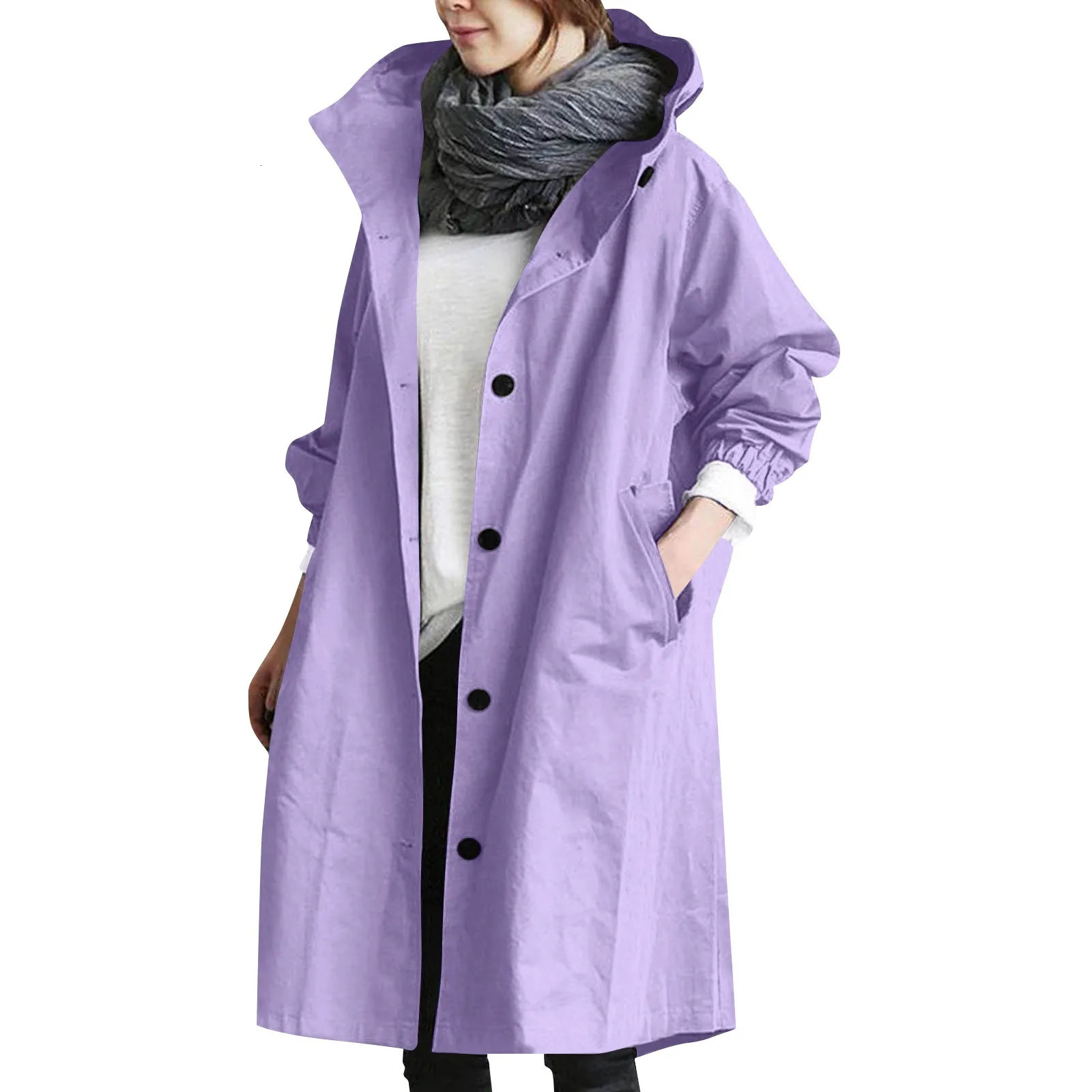 Trendy Womens Long Trench Coat Womens Solid Color Elegant Windbreaker Loose Comfortable Hooded Temperament Ladies Raincoat 251029