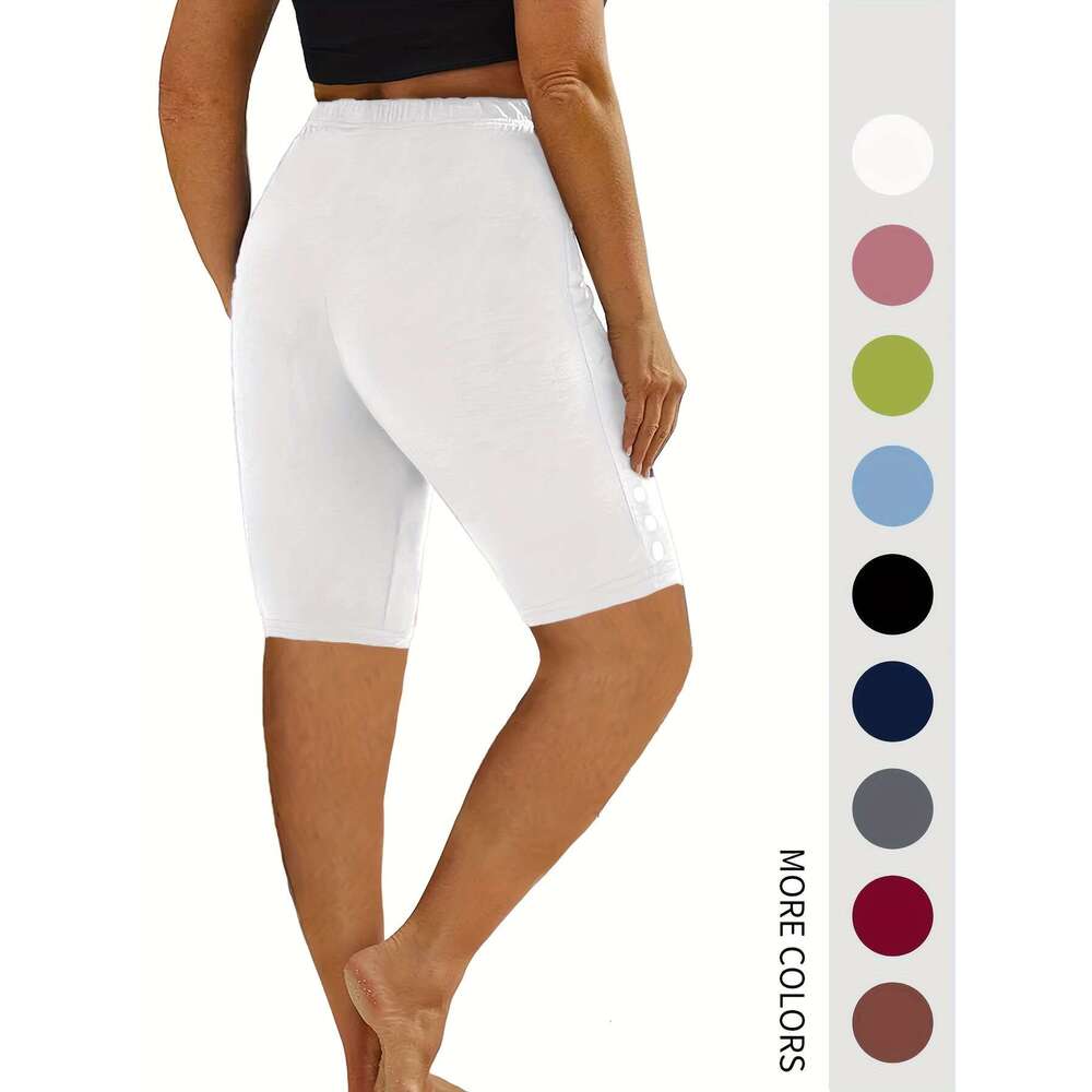 New Set of 5 Large Size 5-Inch Length Sports Shorts, Solid Button Decorative Fiess Leggings, Workout Yoga Tights, Running Pants, Summer Women'S C
