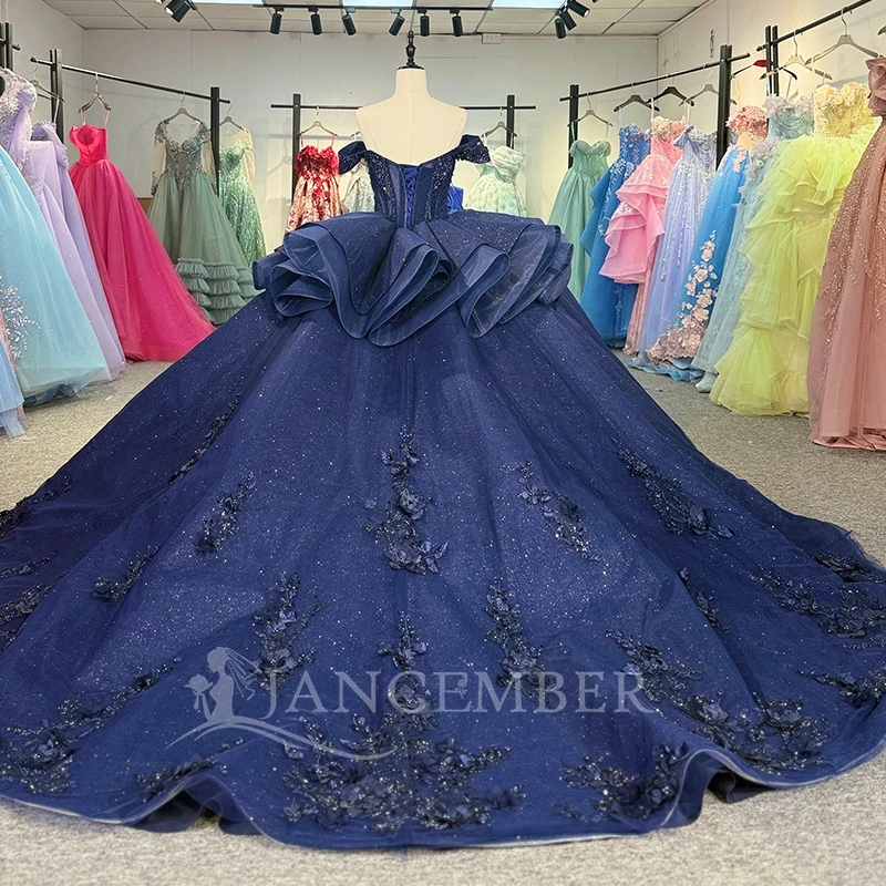 Navy Blue Shiny Ball Gown Quinceanera Dresses Off The Shoulder Applique Flower Beading Crystal Corset Tull Party Birthday Sweet 16 Dress