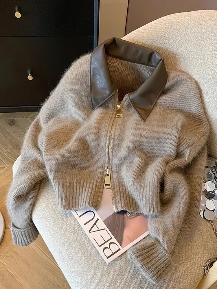 Patchwork Zipper Cropped Cardigan Women 400g Thick Autumn Knitted Sweater Bomber Jacket Vintage 2000s Short Fitted Knitwear Coat 251029