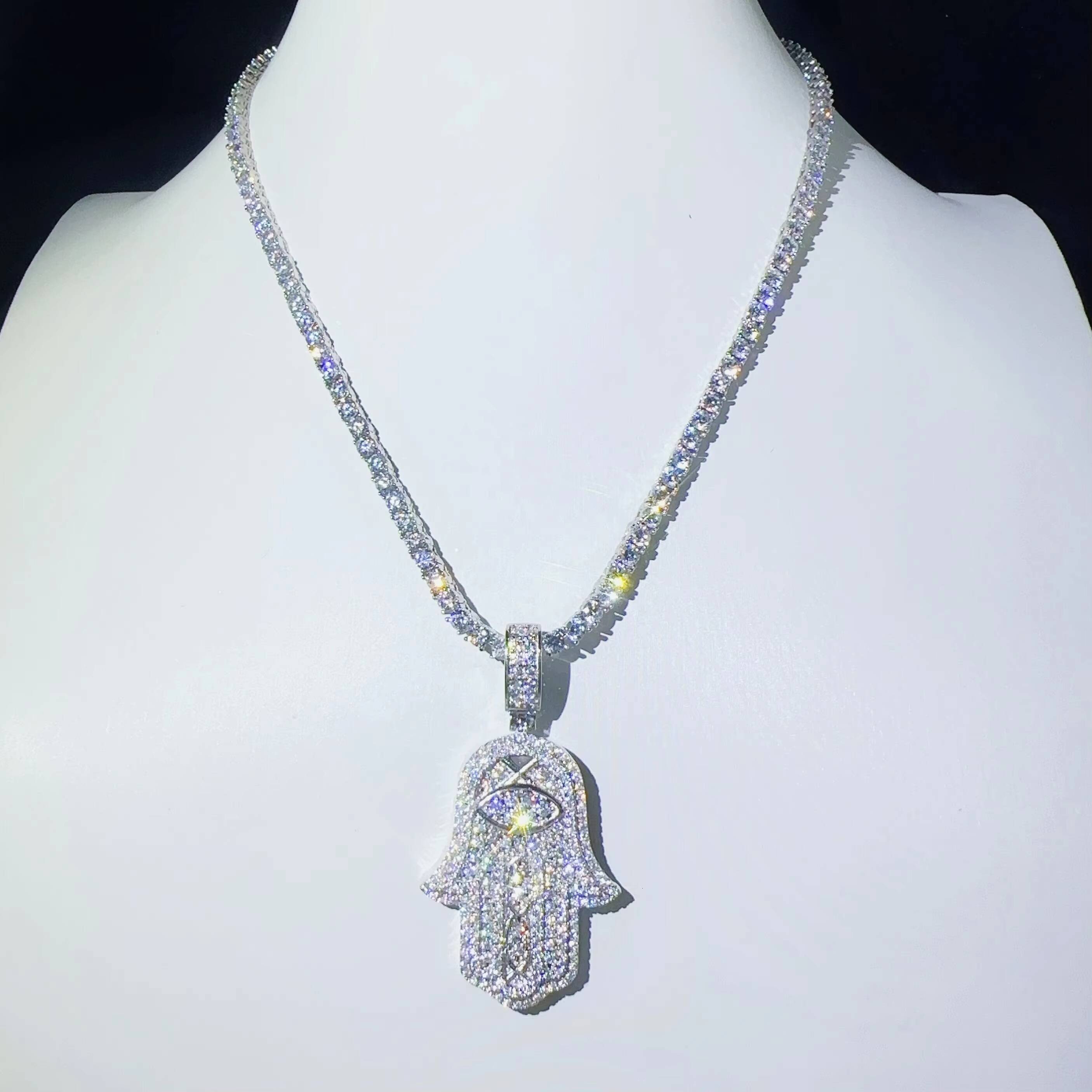 Pass Diamond Tester 925 Sterling Silver Jewelry Full Moissanite Hamsa Hand Pendant VVS Diamond Chain