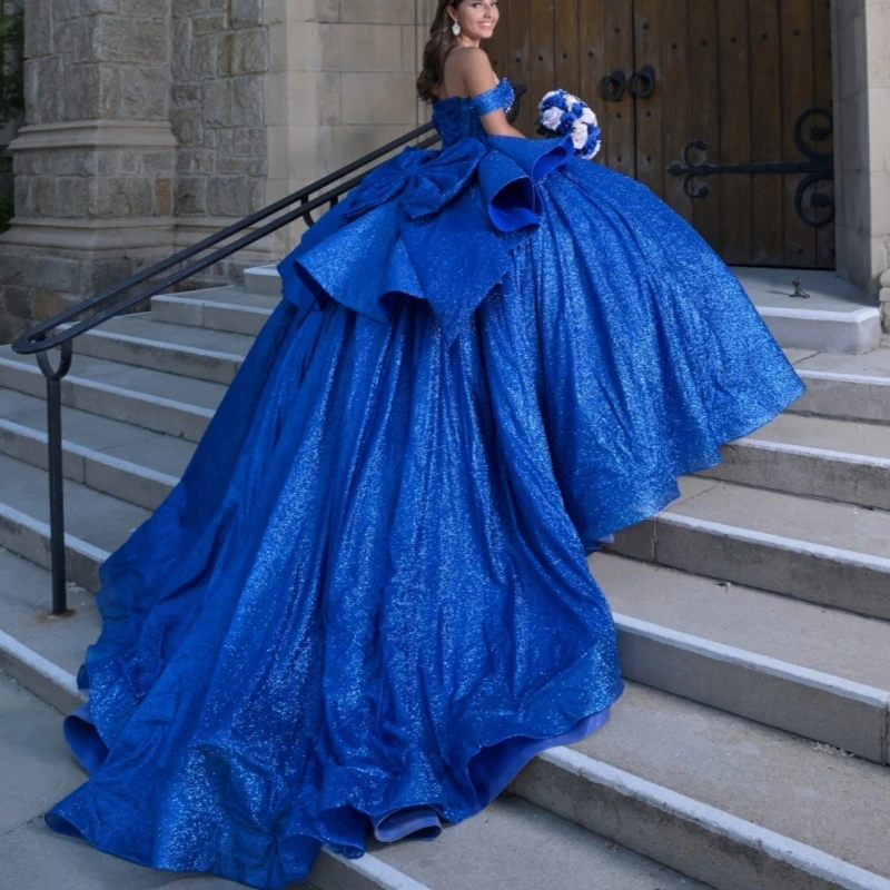 Royal Blue Shiny Ball Gown Quinceanera Dresses Off The Shoulder Beads Bow Tull Party Birthday Sweet 16 Dress Vestidos 15 Anos