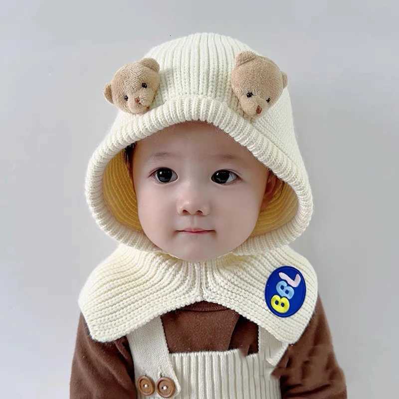 Cute Bear Kids Balaclava Knit Hat Cartoon Baby One Piece Scarf Cap 16Year Boy Girl Winter Warm Hooded Beanie Children Headgear251028
