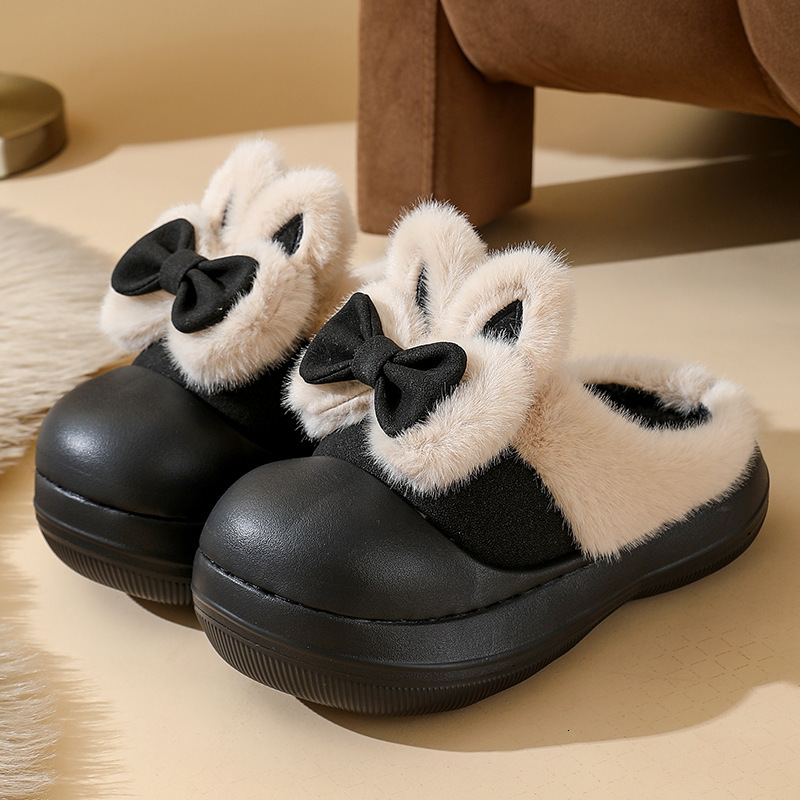 Cute bow cotton slippers for autumn and winter, anti-slip for indoor home wear, thick-soled ins wool slippers