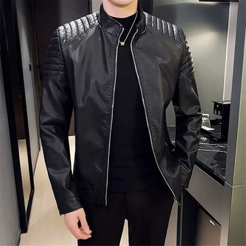 2023 Autumn Winter Leather Jacket Men Slim Casual PU Coat Moto Biker Stand Collar Solid High Quality Korean Leather Jakcets ManT251029