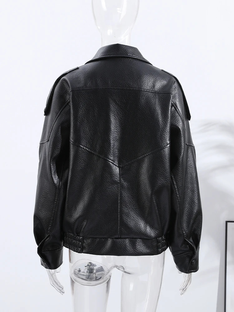 Street Stand Collar Womens Leather Jacket Loose Long Sleeve Zipper Pockets Chic Female Coats 2025 Autumn Winter Lady Outerwear 251029