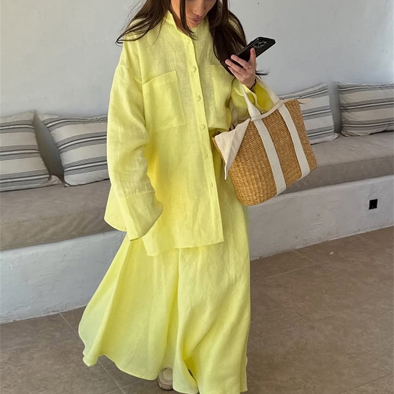 Fashion Loose Womens Two Piece Turndown Collar Full Sleeve Single Breasted Top Draped Long Skirt 2025 Summer Lady Causal Set 251028