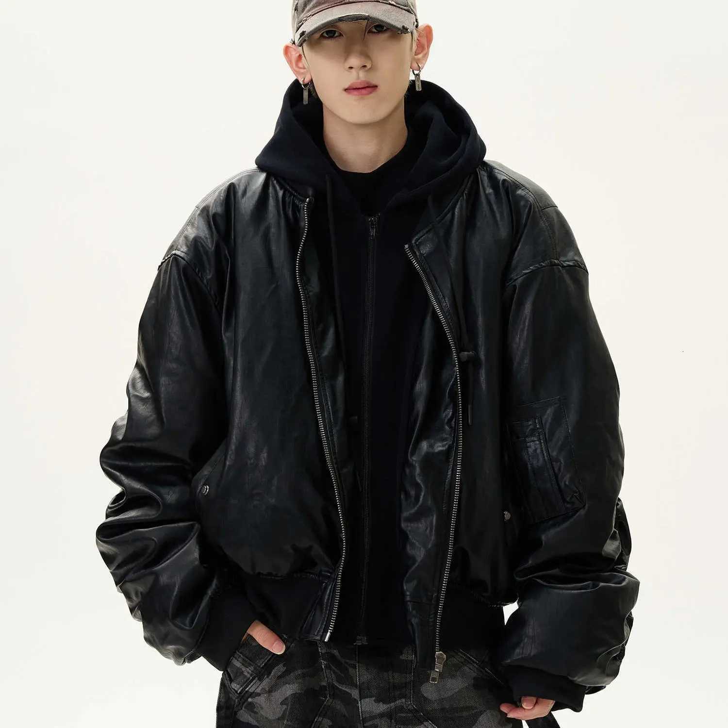 2025 New Spring Y2k Outerwears Vintage Black Faux Suede Leather jacket Men Zipper Fake 2 Piece Luxury Designer Clothes HoodieT251029