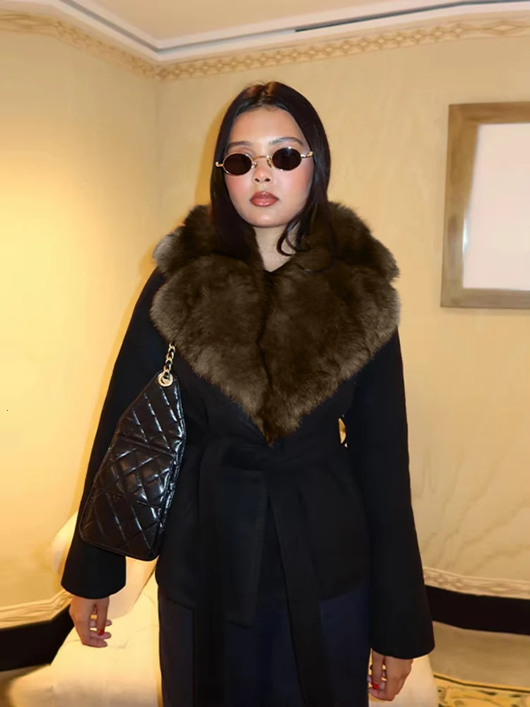 Elegant Faux Fur Lace Up Woolen Coat Women Shawl Collar Belted Waist Full Sleeve Coats Female Autumn Winter Fashion Lady Outwear 251028