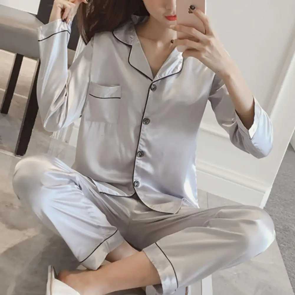 Womens Pajama Imitation Silk Satin Comfortable Long Sleeve Nighty Suit Pajama Lounge Pant Women Sleepwear Winter NightclothesT251029