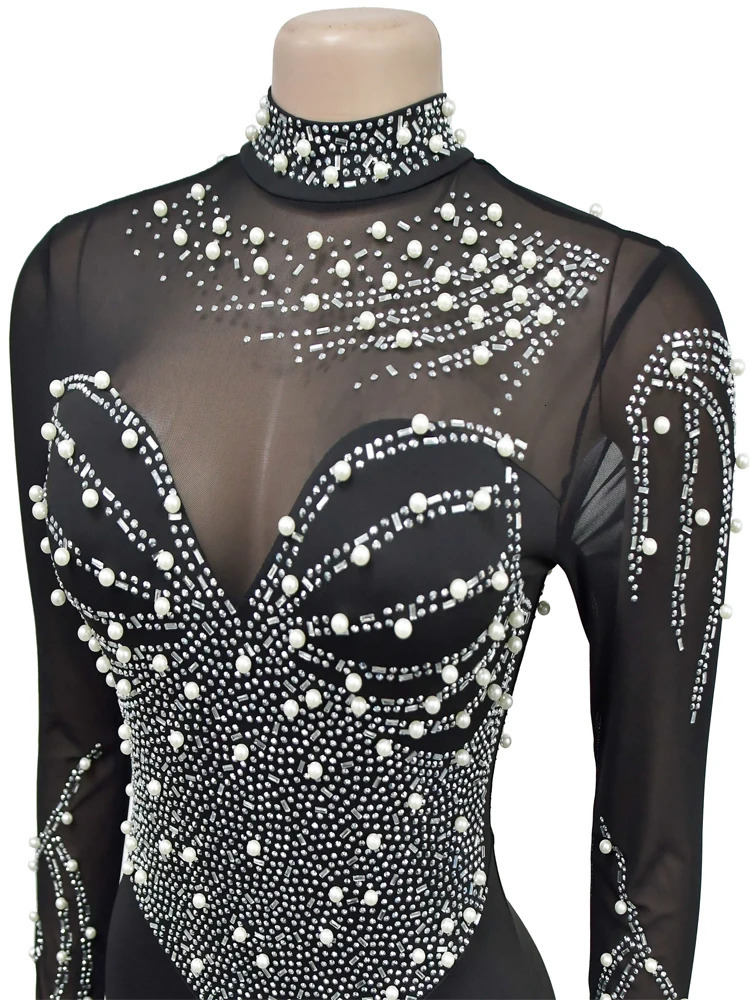 Beyprern Womens Sheer Mesh Crystal Jumpsuits One Piece Outfits Glam Fitted Long Sleeve Pearls Rhinestone Rompers Club Overalls 251029