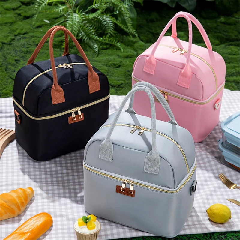 Double Layer Lunch Bag Thermal Insulation Lunch Box Storage Handbag Travel Picnic Food Pouch Multifunctional Mummy Shoulder Bags 251029