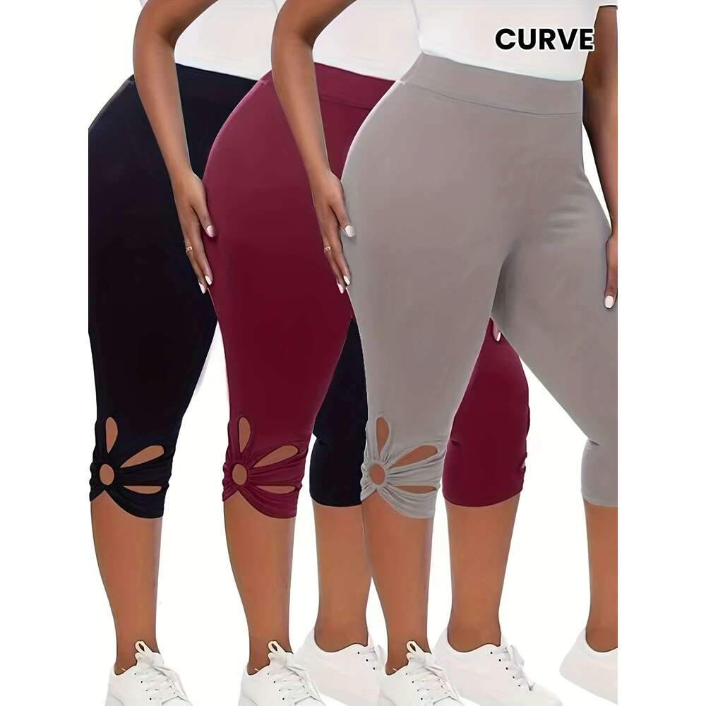 Women's 3pcs High Waist Capri Leggings - Slimming, Stretchy Activewear with Cutout Detail, Plus Size Yoga Pants