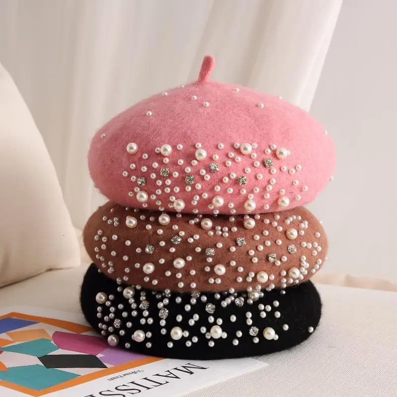 Pearl rhinestone wool beret womens autumn and winter British retro versatile painter hat multi colored 251029