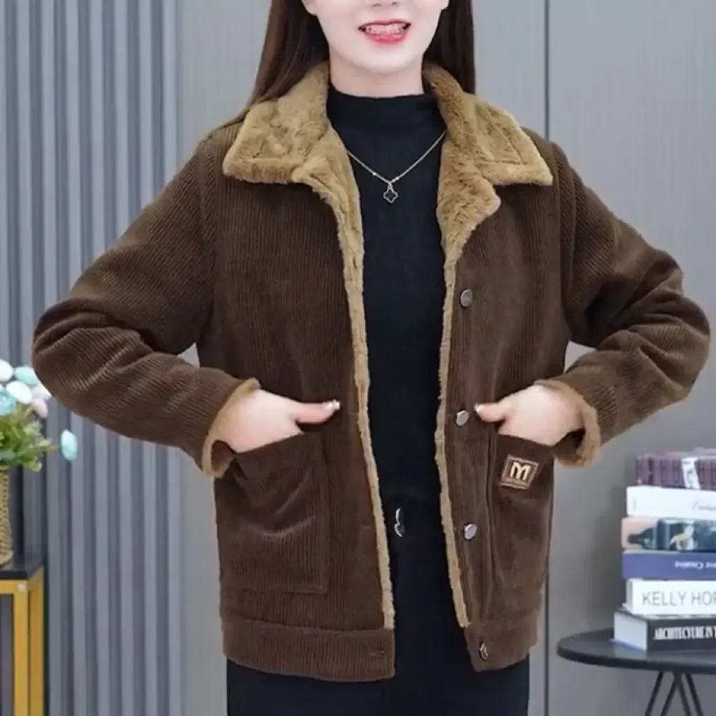 Plus Size Autumn Winter Thickened Corduroy Womens Short Coat Warm Fashion Slimming Loose Long Sleeve Jacket Stylish AntiAging 251029