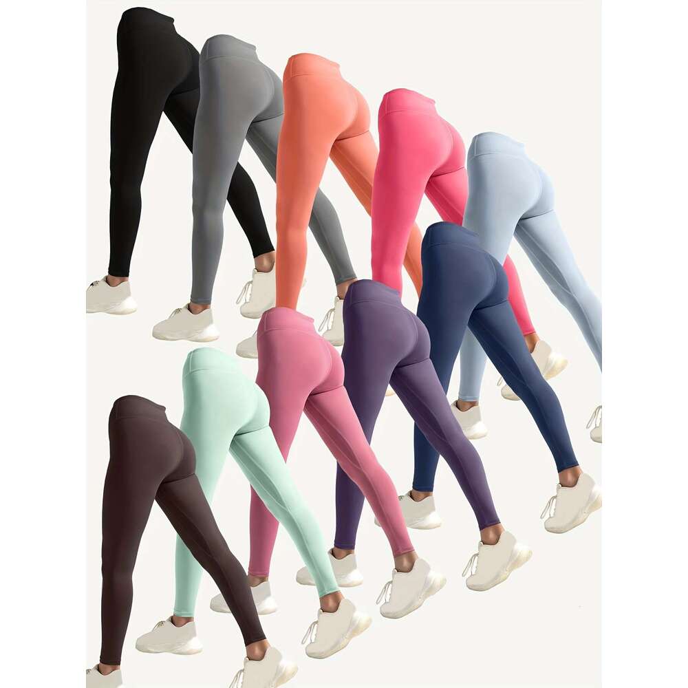 10pcs High-Waist Stretchy Yoga Leggings Women - Comfortable, Non-See-Through, Solid Color, Long Length, Perfect for Running & Fiess