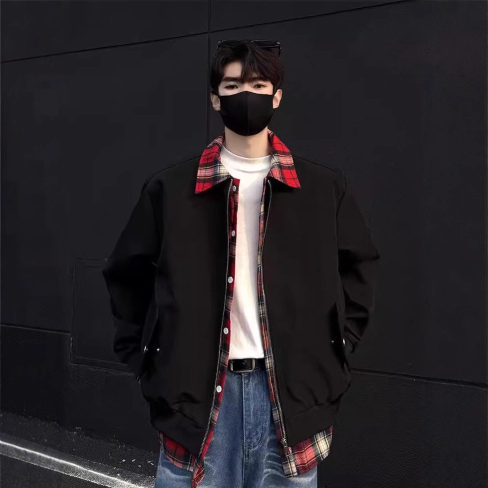 Unique Plaid Designer Jacket Turn-down Collar Fake Two-piece Jacket Unisex American Street Style Loose Casual Couple Coat Trendy