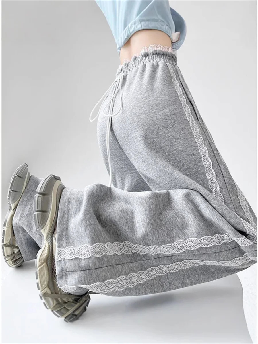 Harajuku Splice Drawstring Sports Casual Pants Womens Lace Patchwork Loose Wide Leg Long Trousers Fall Style Straight Match 251029