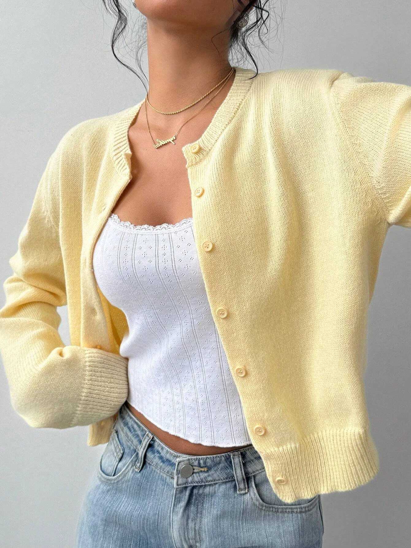 Womens Casual Solid Color Round Neck Long Sleeve Loose Cropped Top Singlebreasted Sweater Cardigan Streetwear AutumnWinter H251029