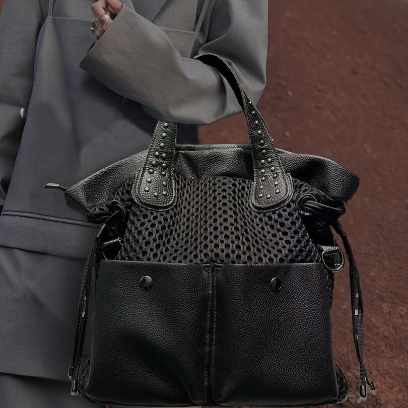 Stylish Women Large Capacity With Mesh Panel Rivet Accents Convertible To Crossbody Bag, Durable Nylon, Multi Front Pocket